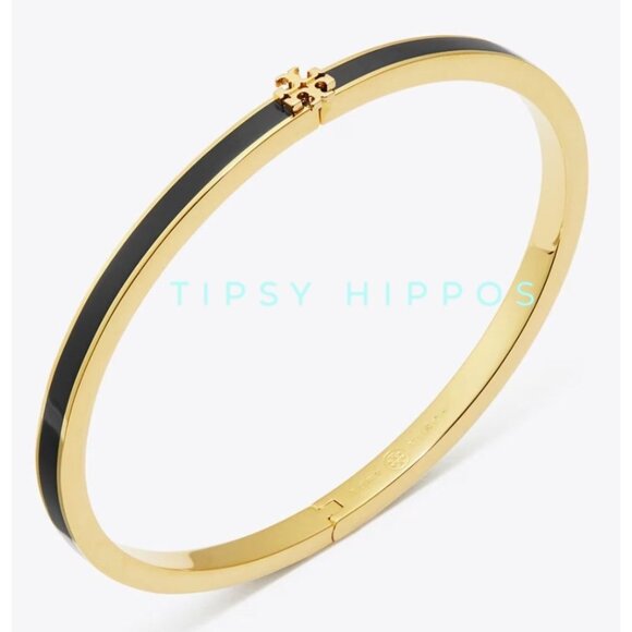 Tory Burch Black and Gold Enamel Logo Hinged Bracelet - Picture 1 of 6